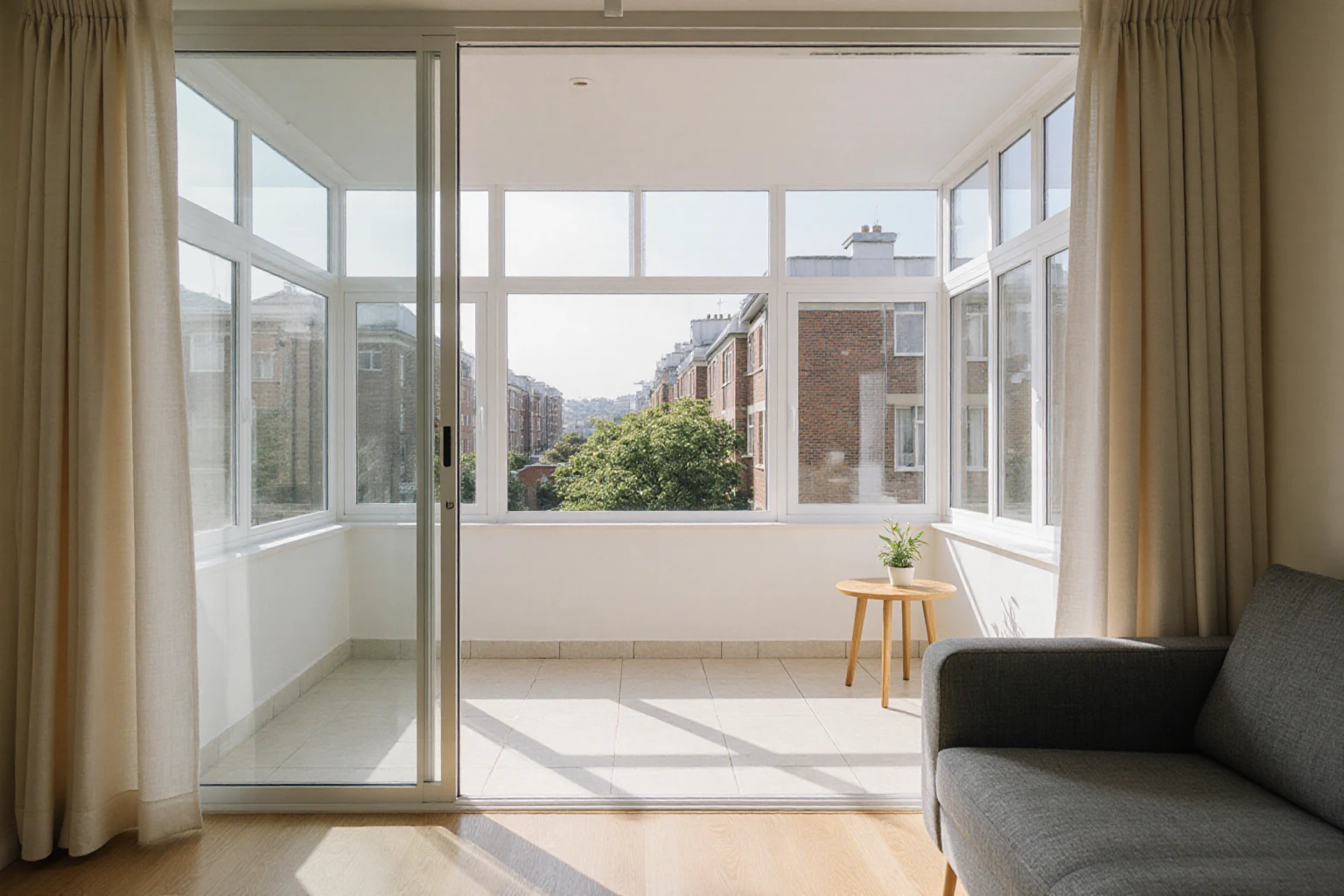 Bright living room with broad glazing towards an enclosed veranda and residential buildings beyond