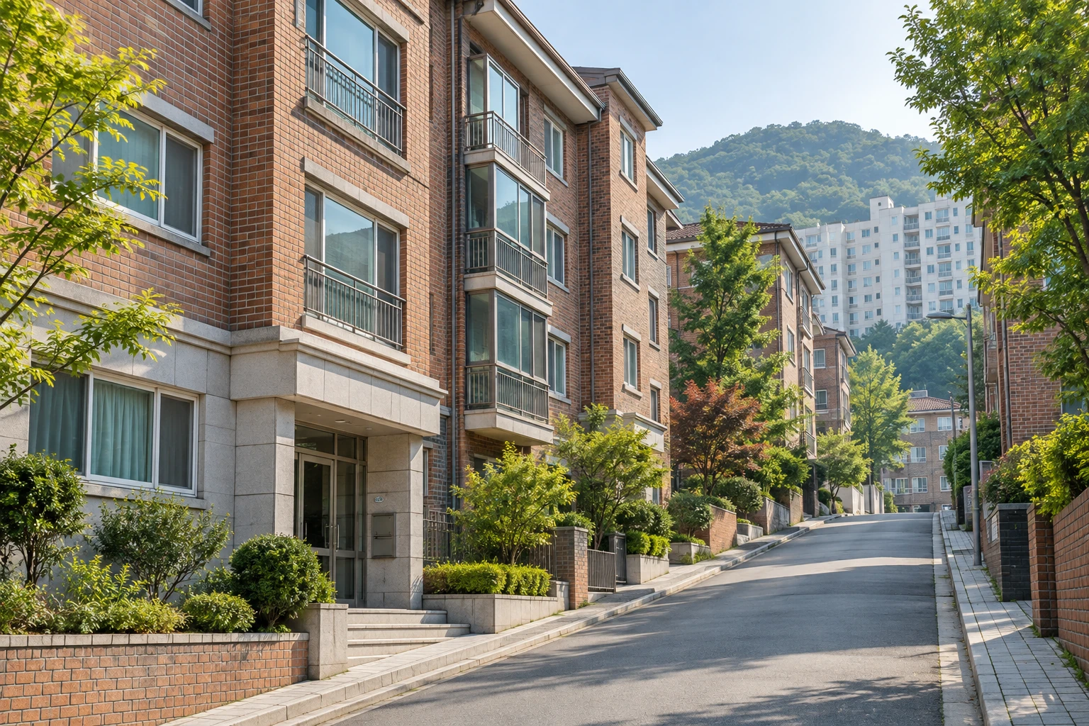 Korean-style residential street with brick buildings on a gentle slope
